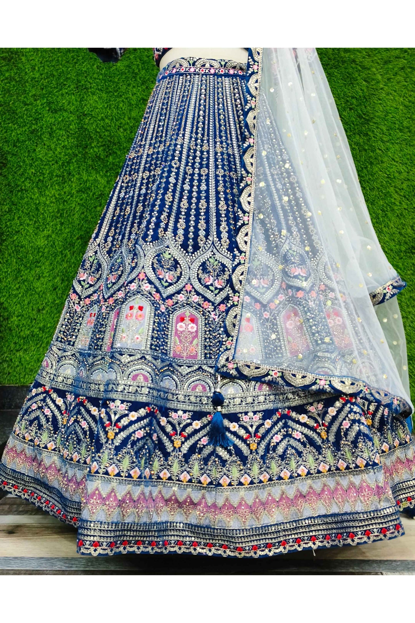 Hand Work Embroidered C cut Choli Heavy lehenga on Velvet  With Contrast Duppatta in Blue