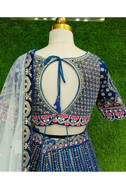 Hand Work Embroidered C cut Choli Heavy lehenga on Velvet  With Contrast Duppatta in Blue