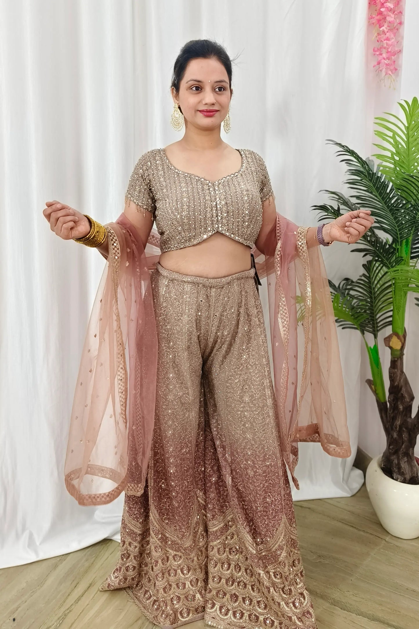 Heavy Embroidered Viscouse geortgette crop Top Sharara Dress With Duppatta in Shaded Mauve