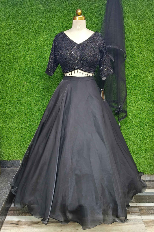 Full Hand Beaded Blouse With Full Flared Organza Lehenga  With Net Bordered Duppatta In Black