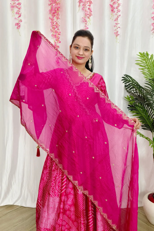 Chinnon Silk Bandhej Printed Hand Work Anarkali With Organza duppatta In Hot Pink