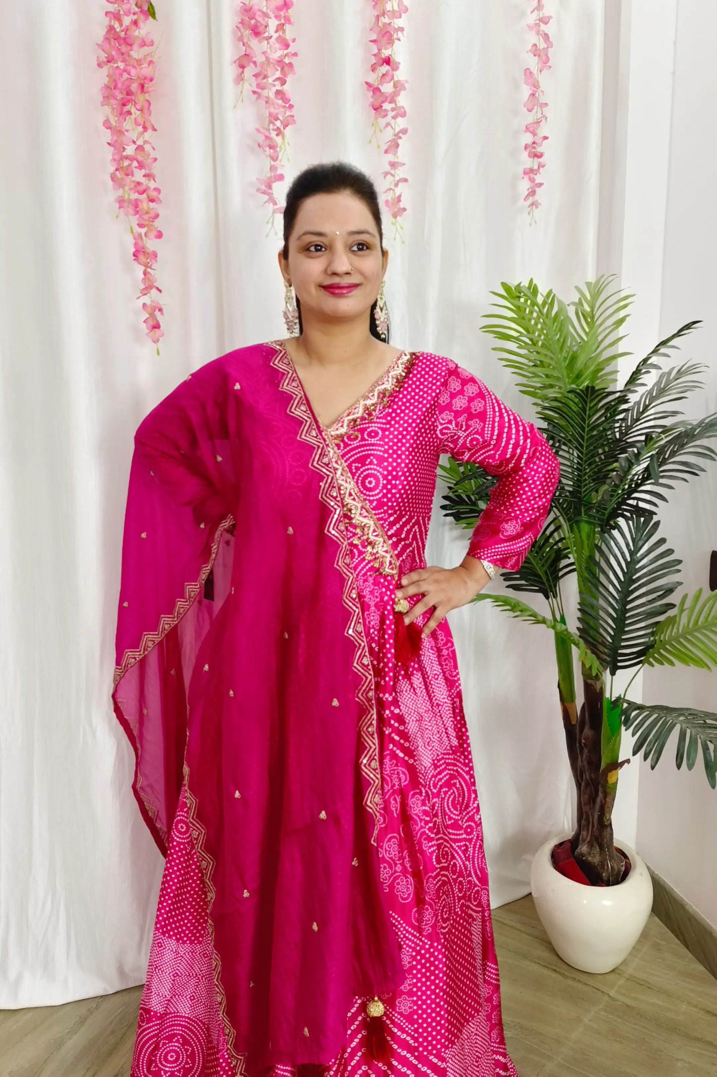 Chinnon Silk Bandhej Printed Hand Work Anarkali With Organza duppatta In Hot Pink