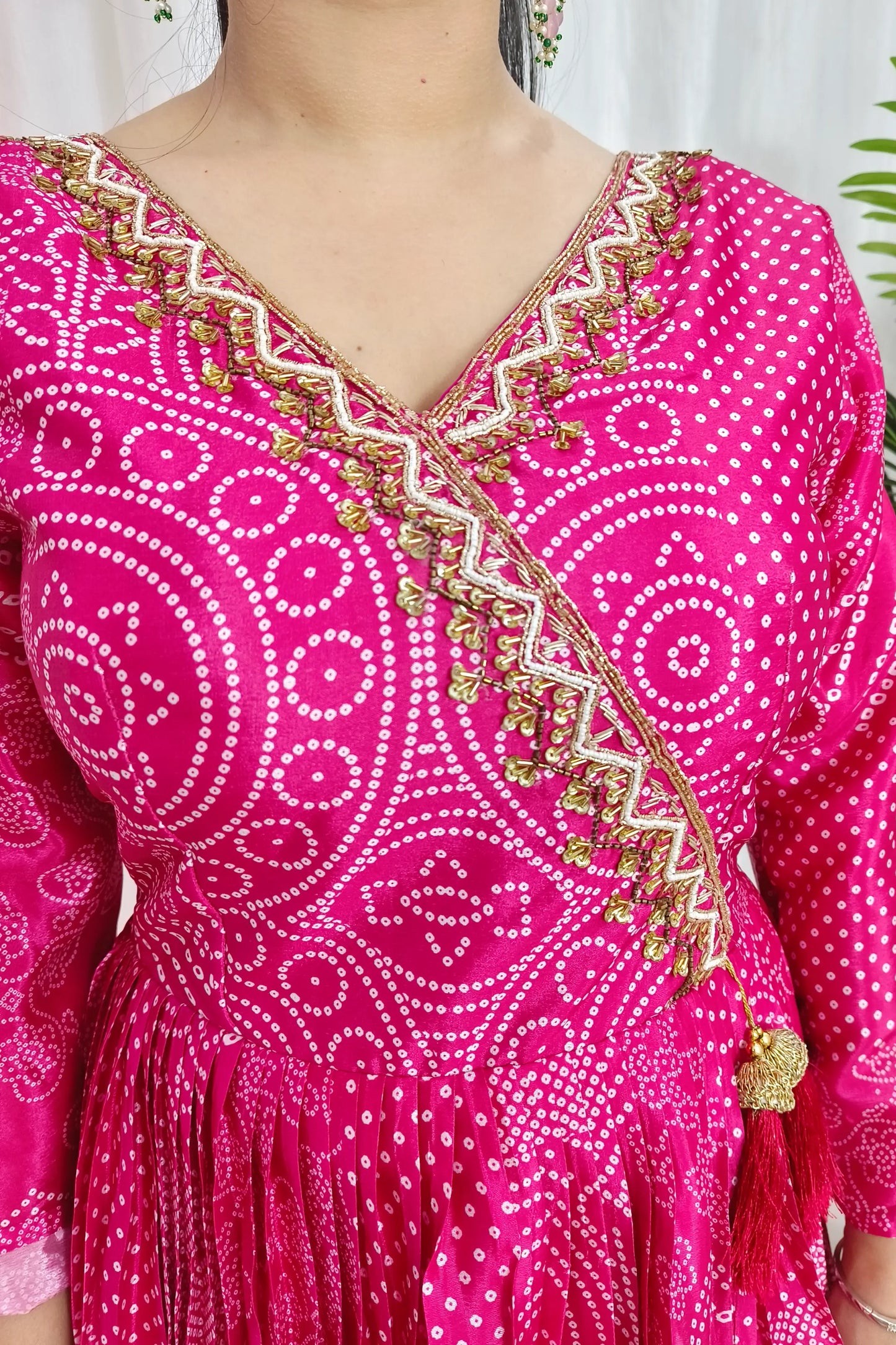 Chinnon Silk Bandhej Printed Hand Work Anarkali With Organza duppatta In Hot Pink