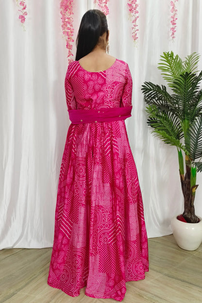 Chinnon Silk Bandhej Printed Hand Work Anarkali With Organza duppatta In Hot Pink