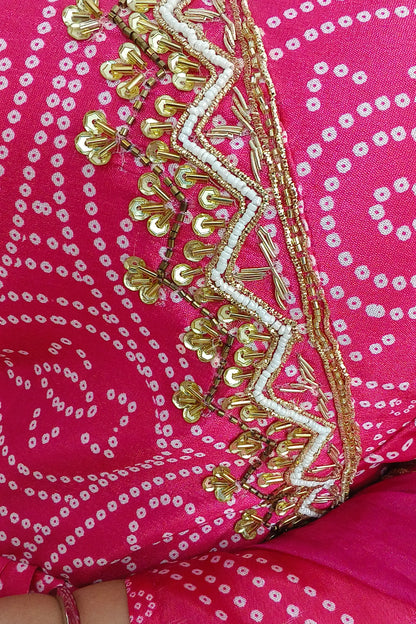 Chinnon Silk Bandhej Printed Hand Work Anarkali With Organza duppatta In Hot Pink