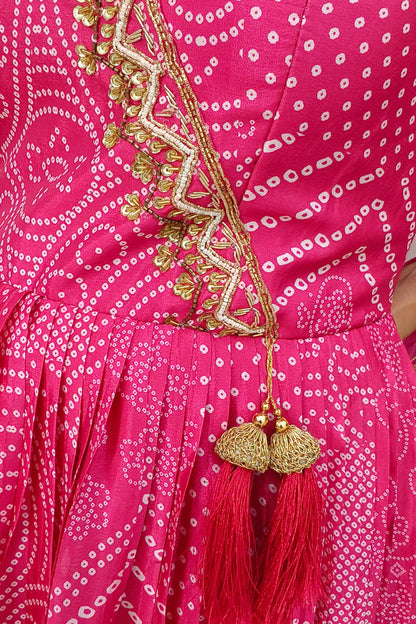 Chinnon Silk Bandhej Printed Hand Work Anarkali With Organza duppatta In Hot Pink