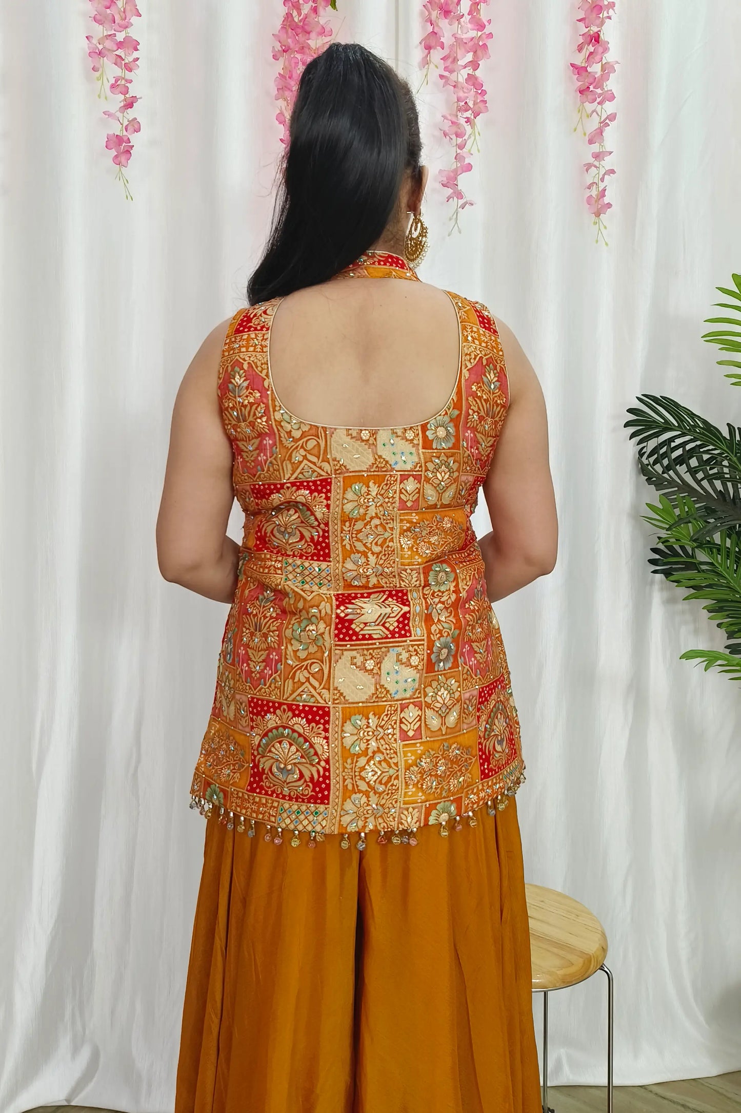 Band Neck Short Kurta In Banarasi with Flared Chinnon Silk Divider With Neck Choker Duppatta