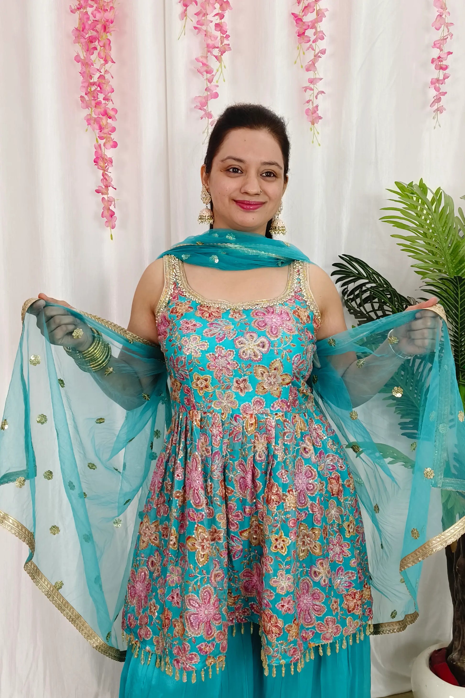 Viscouse Georgette Sequence Embroidered Peplum Sharara Suit With