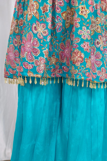 Viscouse Georgette Sequence Embroidered Peplum Sharara Suit With Chinnon Plazo in Firozi