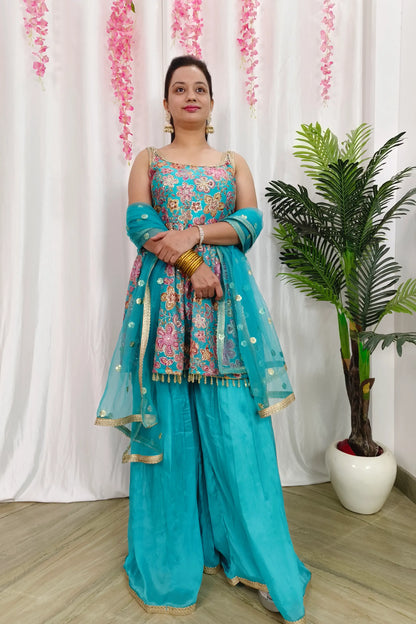 Viscouse Georgette Sequence Embroidered Peplum Sharara Suit With Chinnon Plazo in Firozi