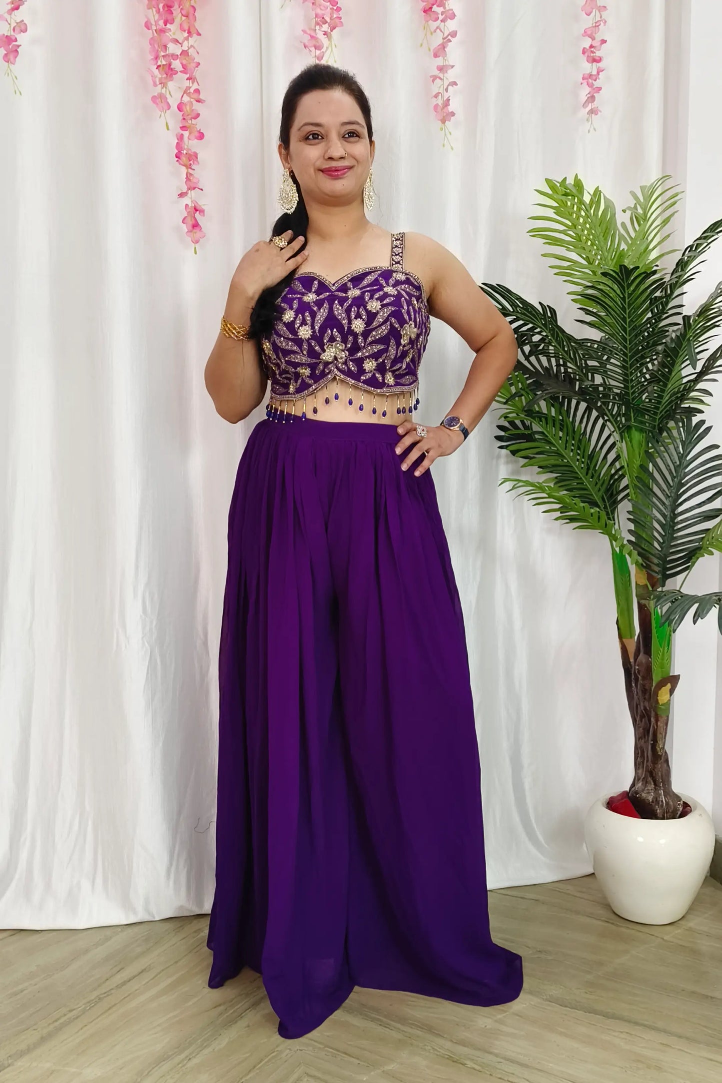 Georgette Indowestern Partywear 3 Piece Dress With Zari Work Embroidery In Purple