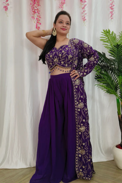 Georgette Indowestern Partywear 3 Piece Dress With Zari Work Embroidery In Purple