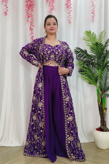 Georgette Indowestern Partywear 3 Piece Dress With Zari Work Embroidery In Purple