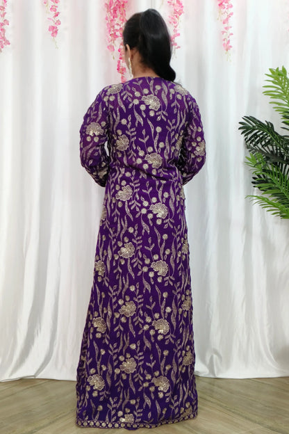 Georgette Indowestern Partywear 3 Piece Dress With Zari Work Embroidery In Purple