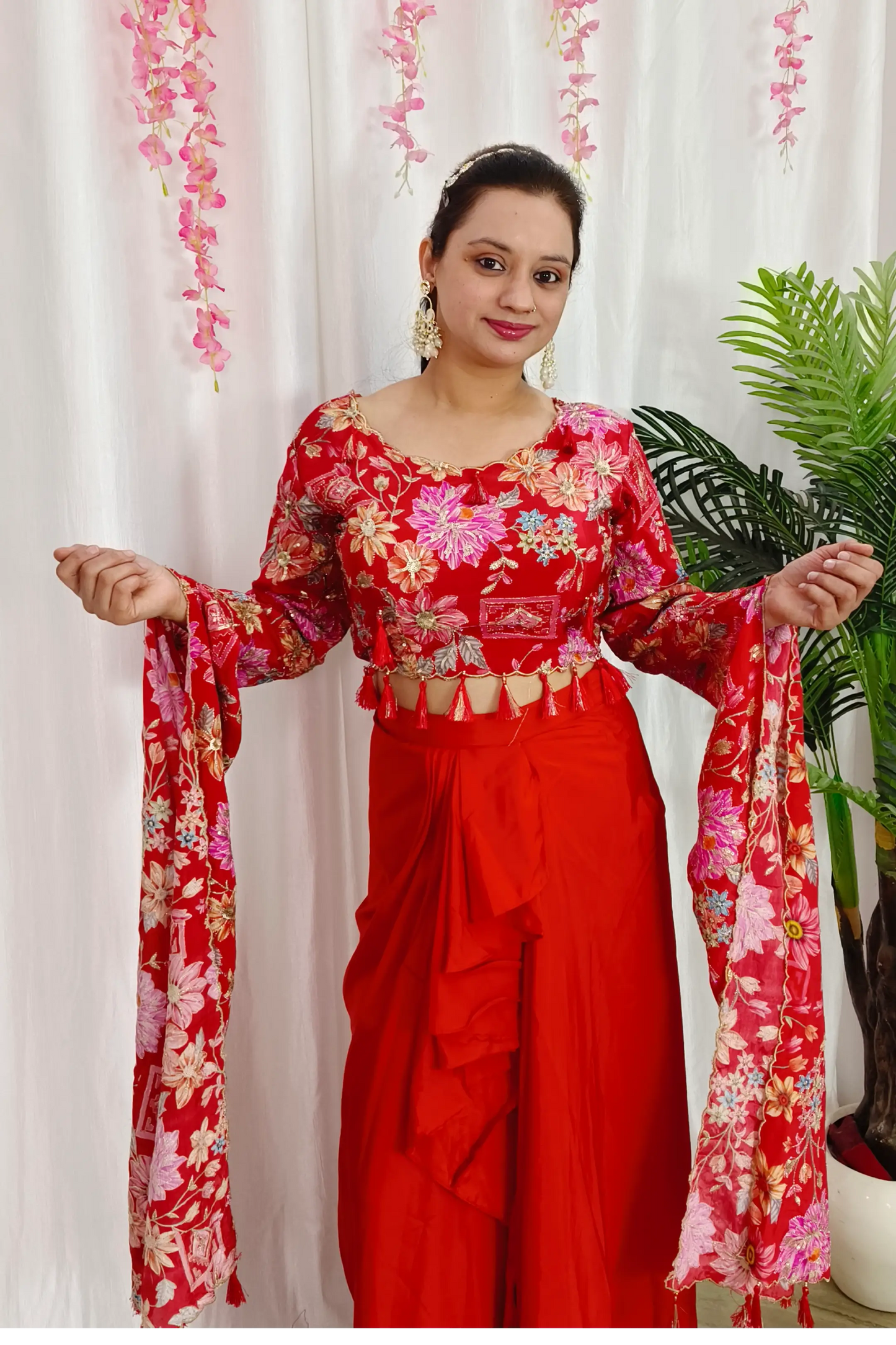 Partywear Indowestern Dress With  Long Sleeves Top With Tulip Style Skirt in Orange