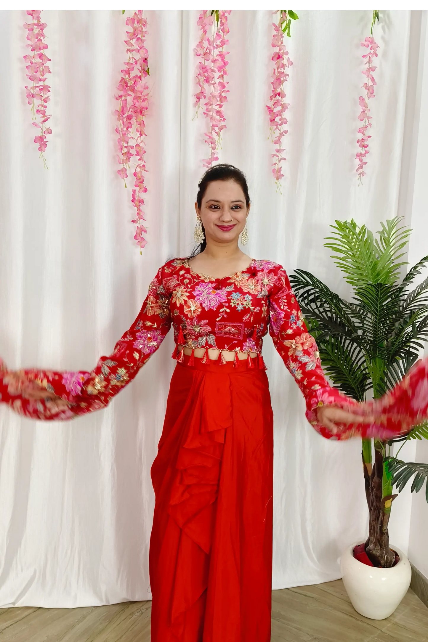 Partywear Indowestern Dress With  Long Sleeves Top With Tulip Style Skirt in Orange