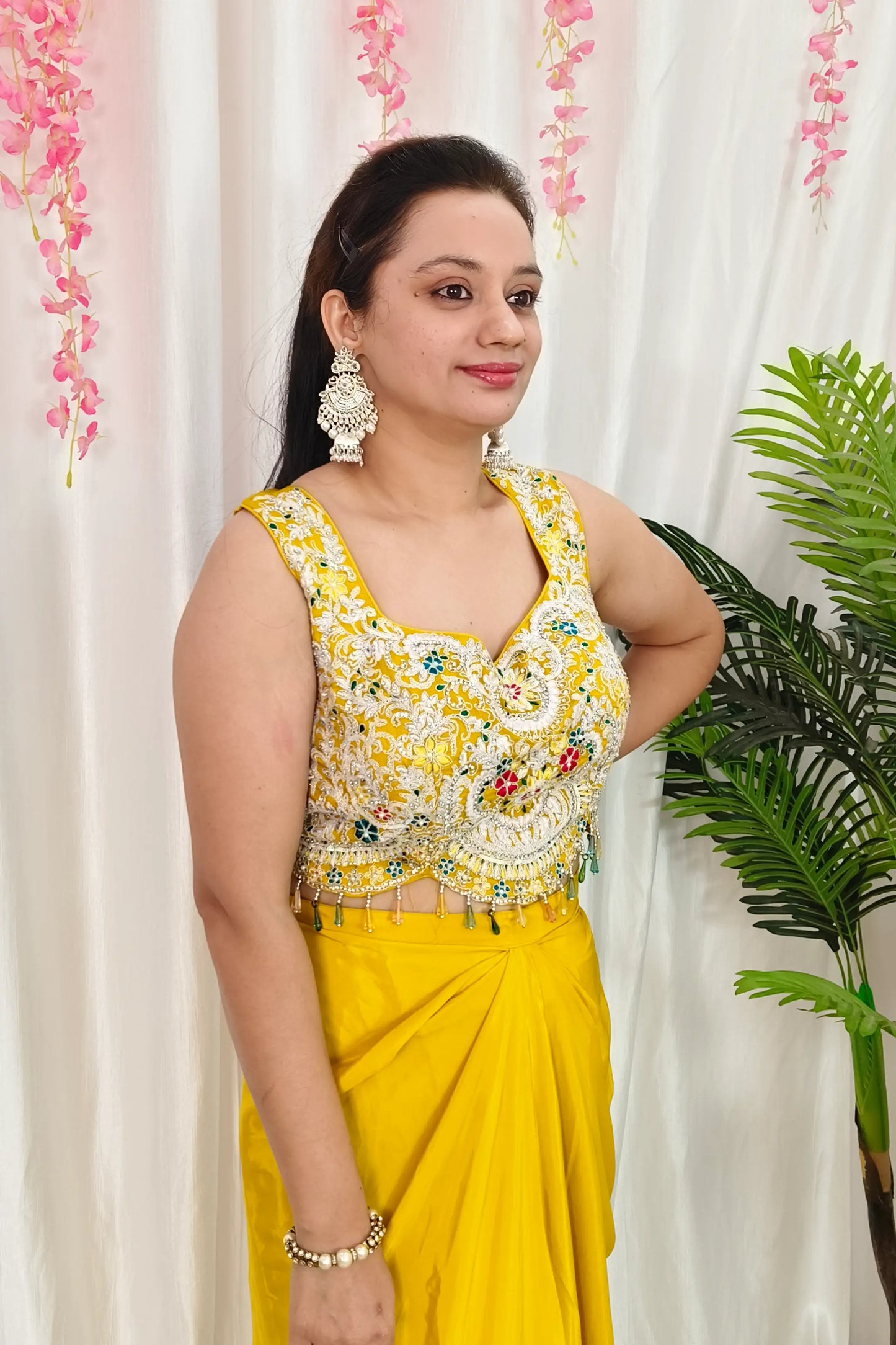 Indowestern Partywear 3 Piece Dress With Shrug in Yellow For Haldi Occasion