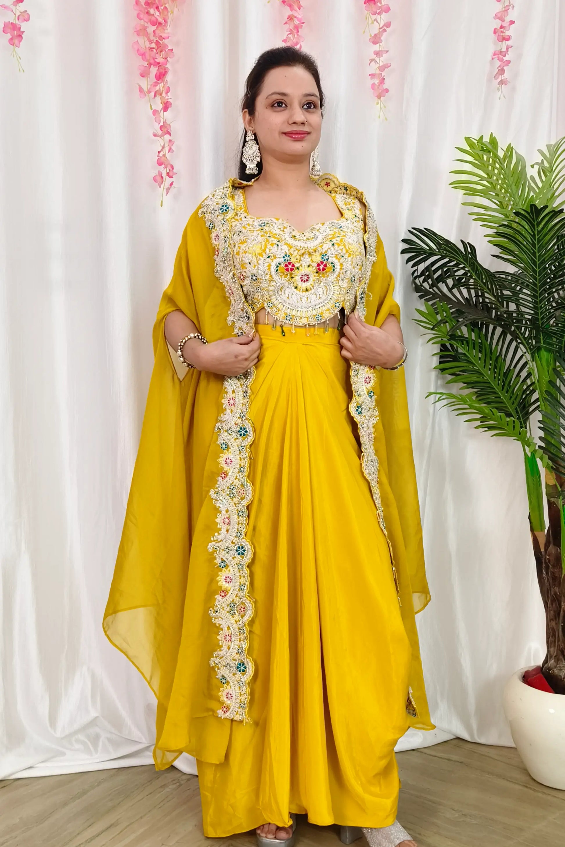 Indowestern Partywear Piece Dress With Shrug in Yellow For Haldi