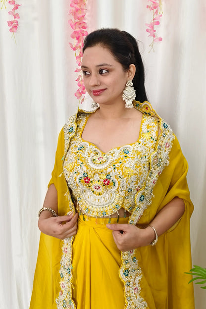 Indowestern Partywear 3 Piece Dress With Shrug in Yellow For Haldi Occasion