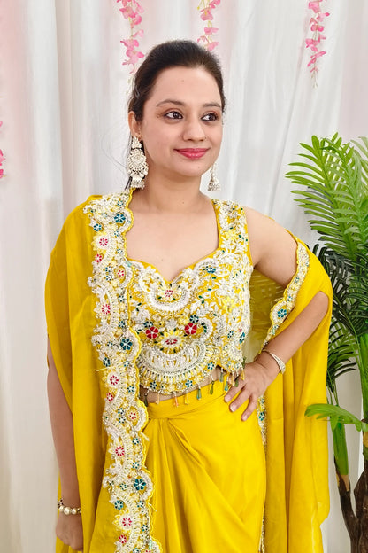 Indowestern Partywear 3 Piece Dress With Shrug in Yellow For Haldi Occasion