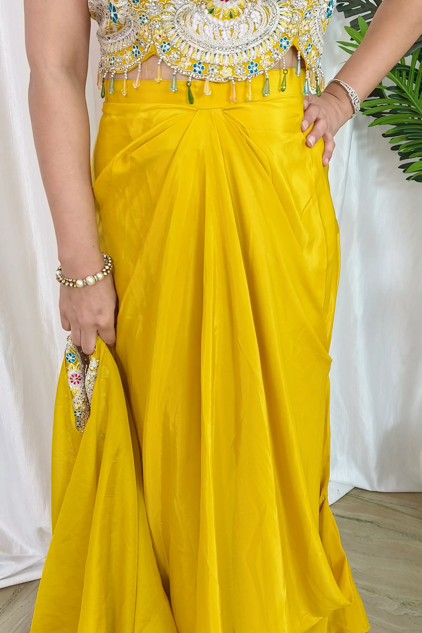 Indowestern Partywear 3 Piece Dress With Shrug in Yellow For Haldi Occasion