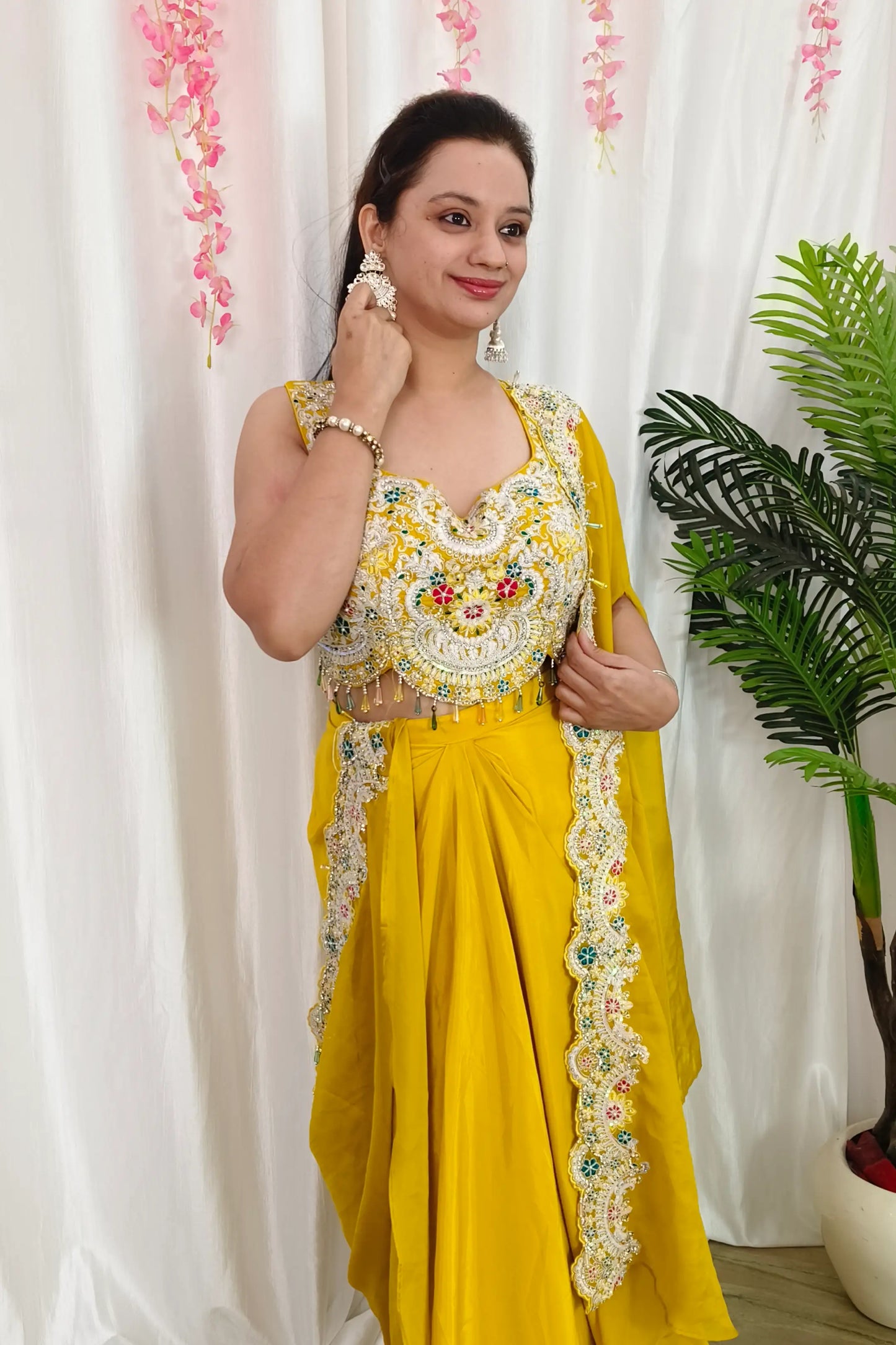 Indowestern Partywear 3 Piece Dress With Shrug in Yellow For Haldi Occasion