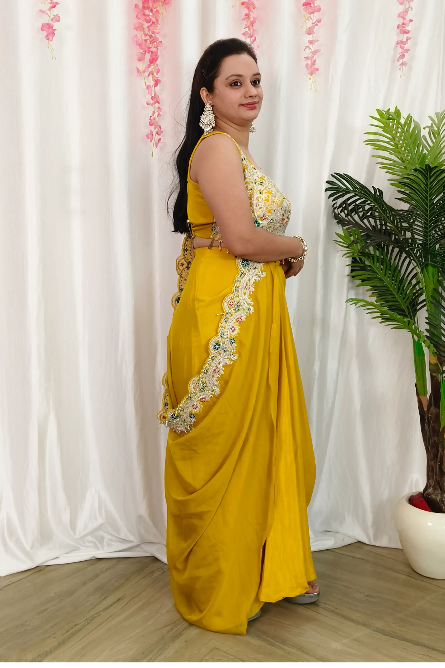 Indowestern Partywear 3 Piece Dress With Shrug in Yellow For Haldi Occasion