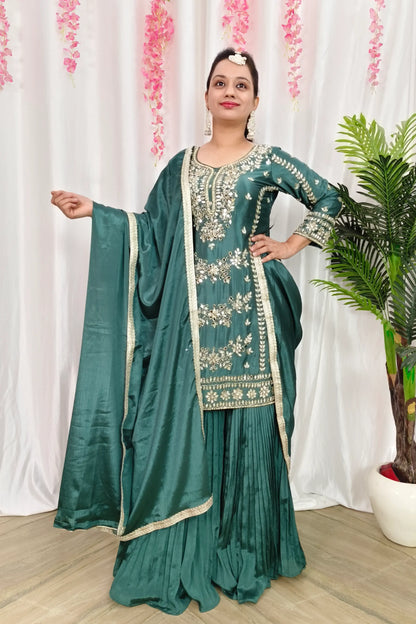 Straight Shirt Heavy Mirror Work Chinnon Silk Sharara Suit With Duppatta In Mat Green