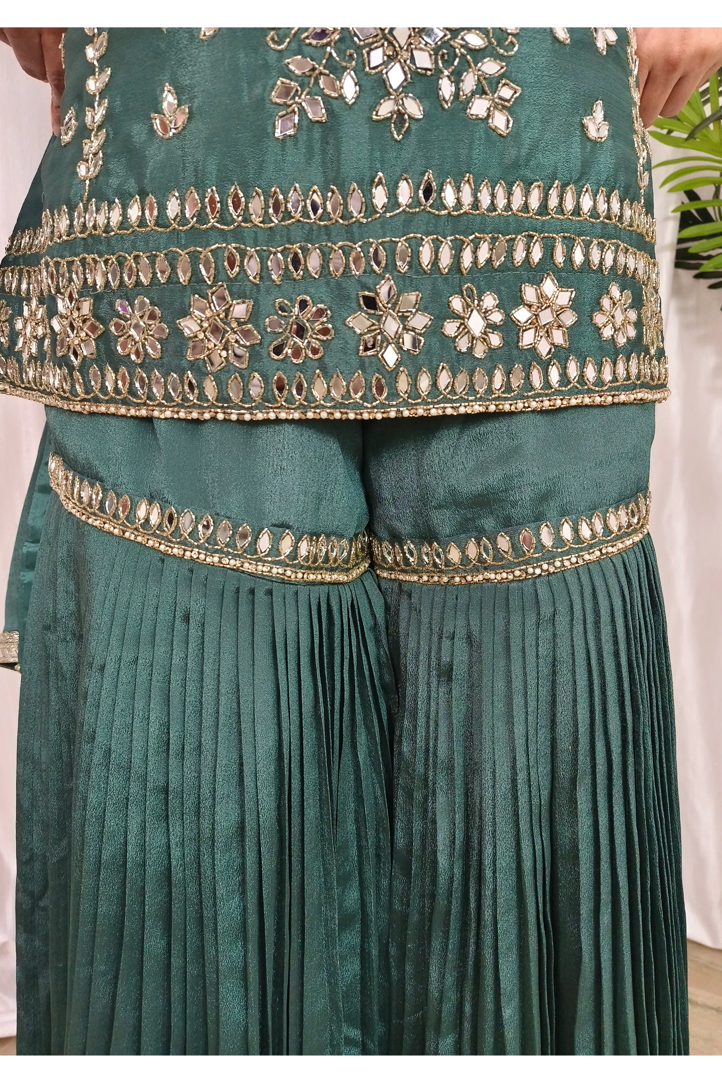 Straight Shirt Heavy Mirror Work Chinnon Silk Sharara Suit With Duppatta In Mat Green