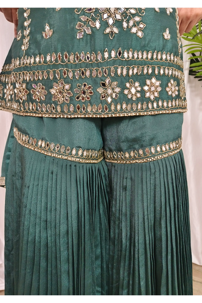 Straight Shirt Heavy Mirror Work Chinnon Silk Sharara Suit With Duppatta In Mat Green