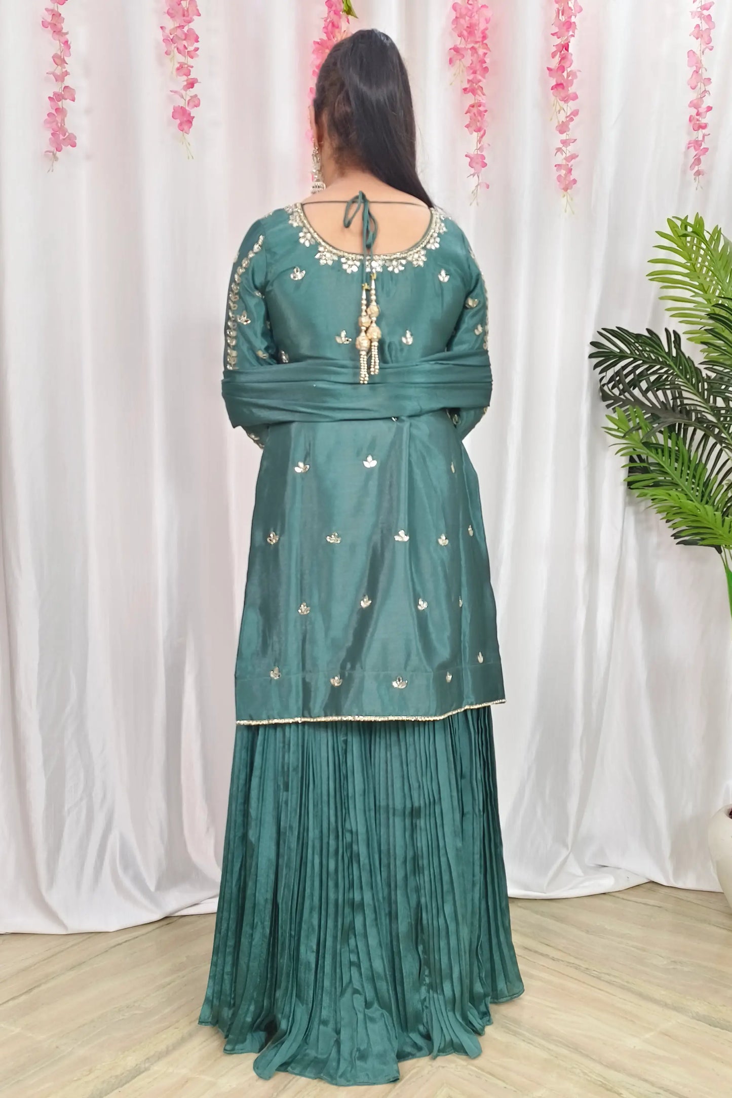 Straight Shirt Heavy Mirror Work Chinnon Silk Sharara Suit With Duppatta In Mat Green