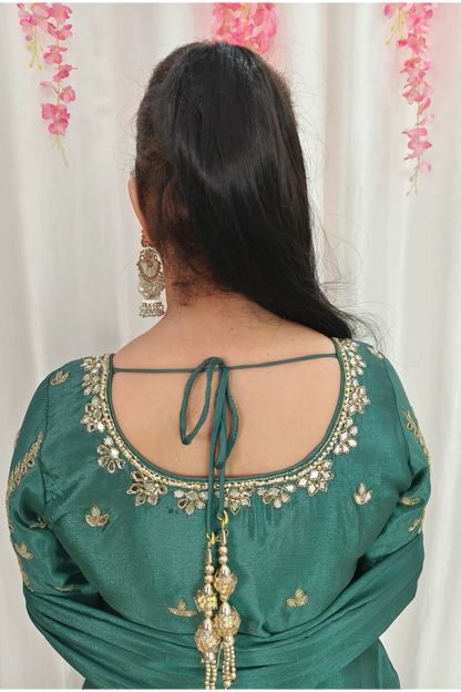 Straight Shirt Heavy Mirror Work Chinnon Silk Sharara Suit With Duppatta In Mat Green