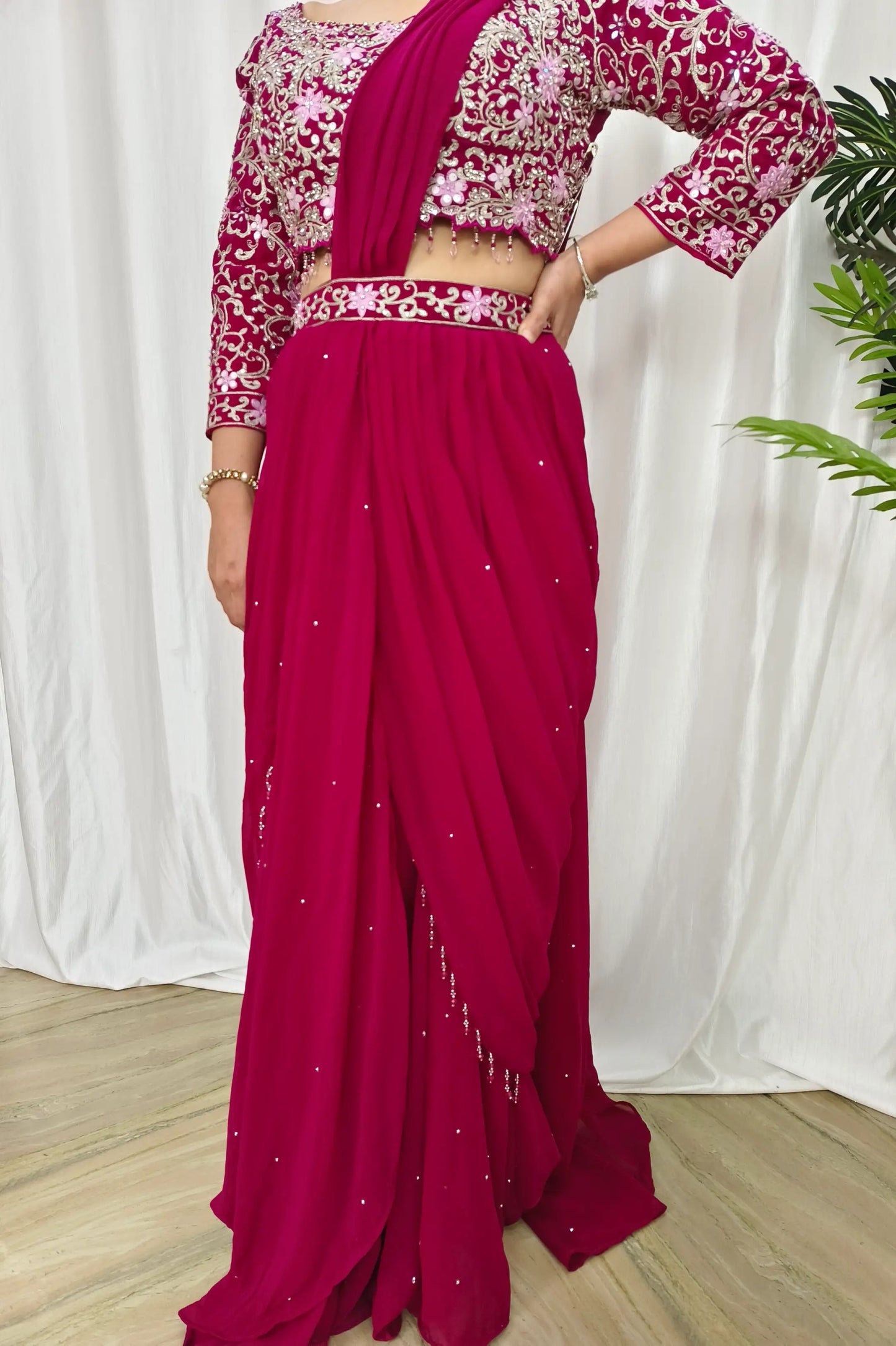 Ready To Wear Drape Dress In Georgette with Full Sleeve Embroidered Blouse in Hot Pink