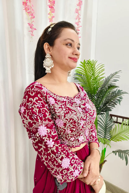 Ready To Wear Drape Dress In Georgette with Full Sleeve Embroidered Blouse in Hot Pink