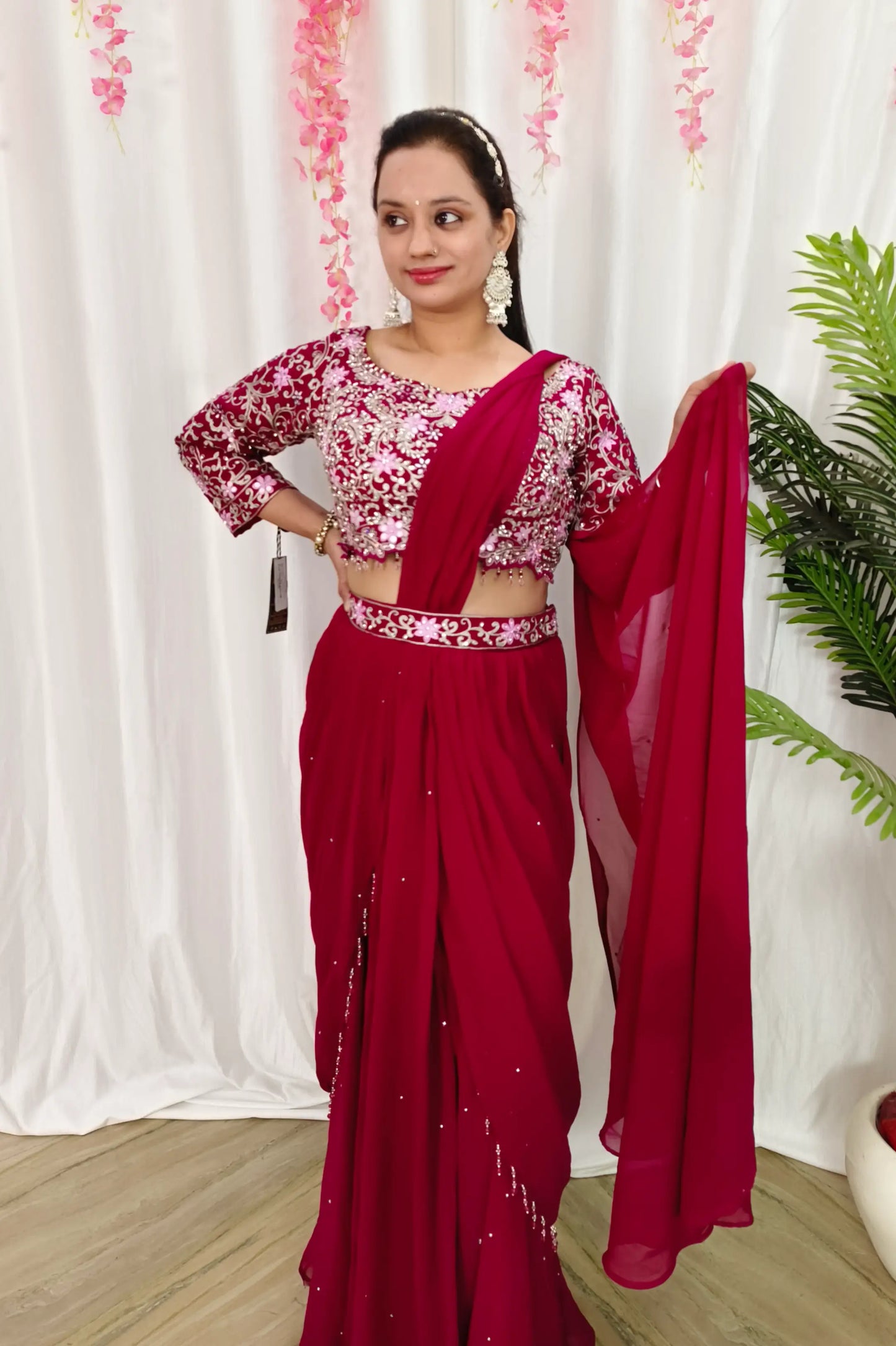 Ready To Wear Drape Dress In Georgette with Full Sleeve Embroidered Blouse in Hot Pink