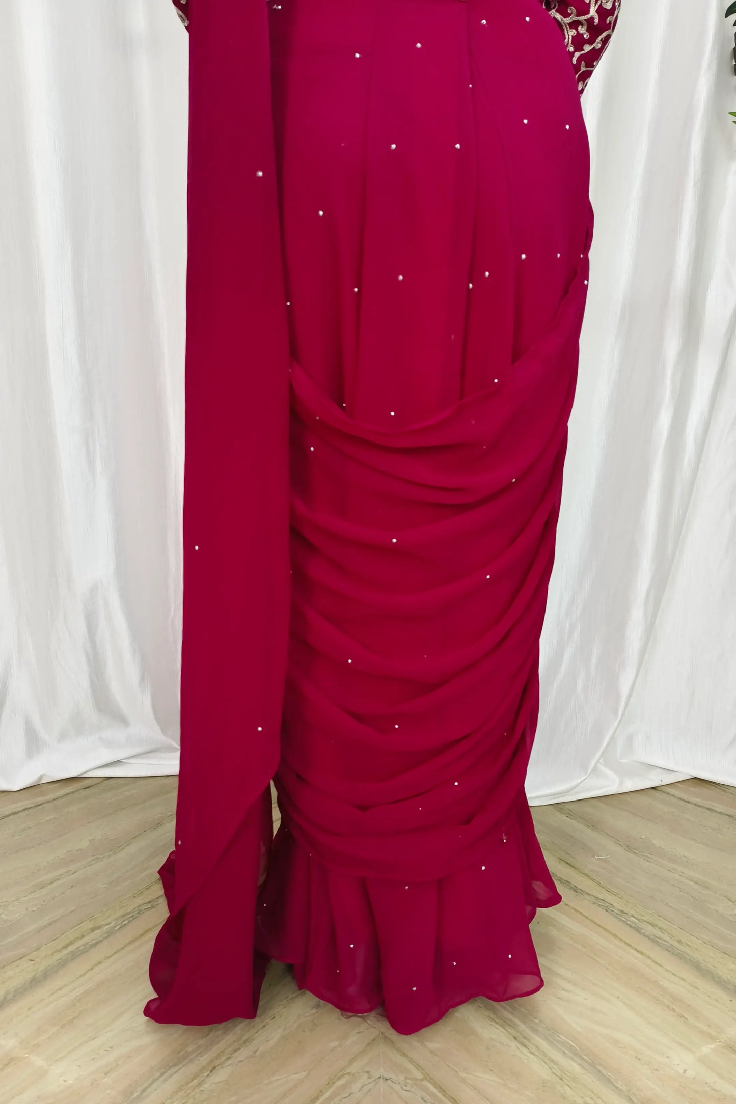 Ready To Wear Drape Dress In Georgette with Full Sleeve Embroidered Blouse in Hot Pink