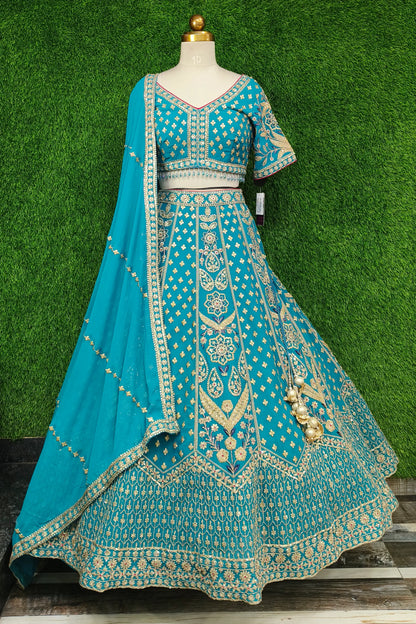 Full Flair Heavy Zari Embroidery Georgette Lehenga Choli In Firozi With Full Embroidered Duppatta