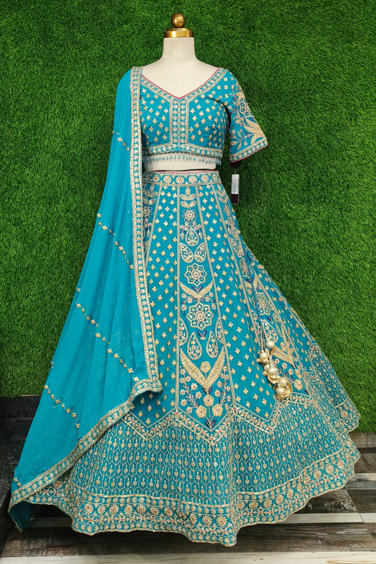 Full Flair Heavy Zari Embroidery Georgette Lehenga Choli In Firozi With Full Embroidered Duppatta