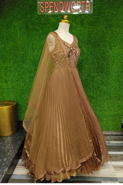 Hand Embroidered Pleated Flared Partywear Anarkali Dress In Organza