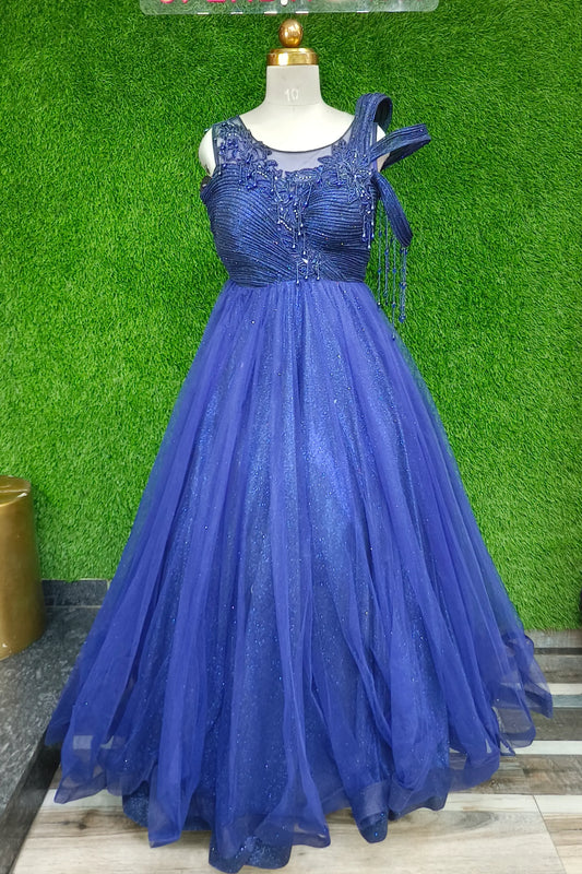 Designer Barbie Style Shimmer Fabric Gown With Yoke Designing in Blue