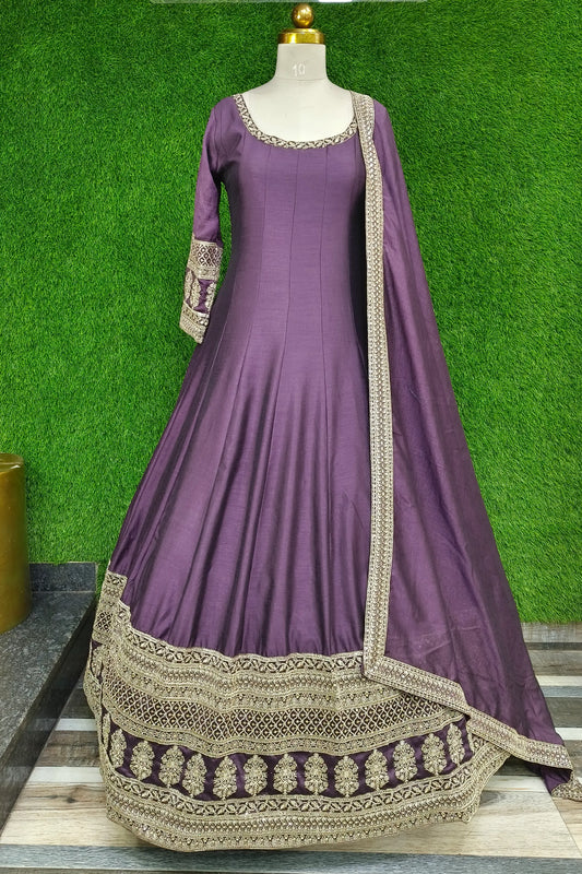 Full Flare Partywear Anarkali Dress In Chinnon With Dori Embroidery Work in Beautiful Mauve