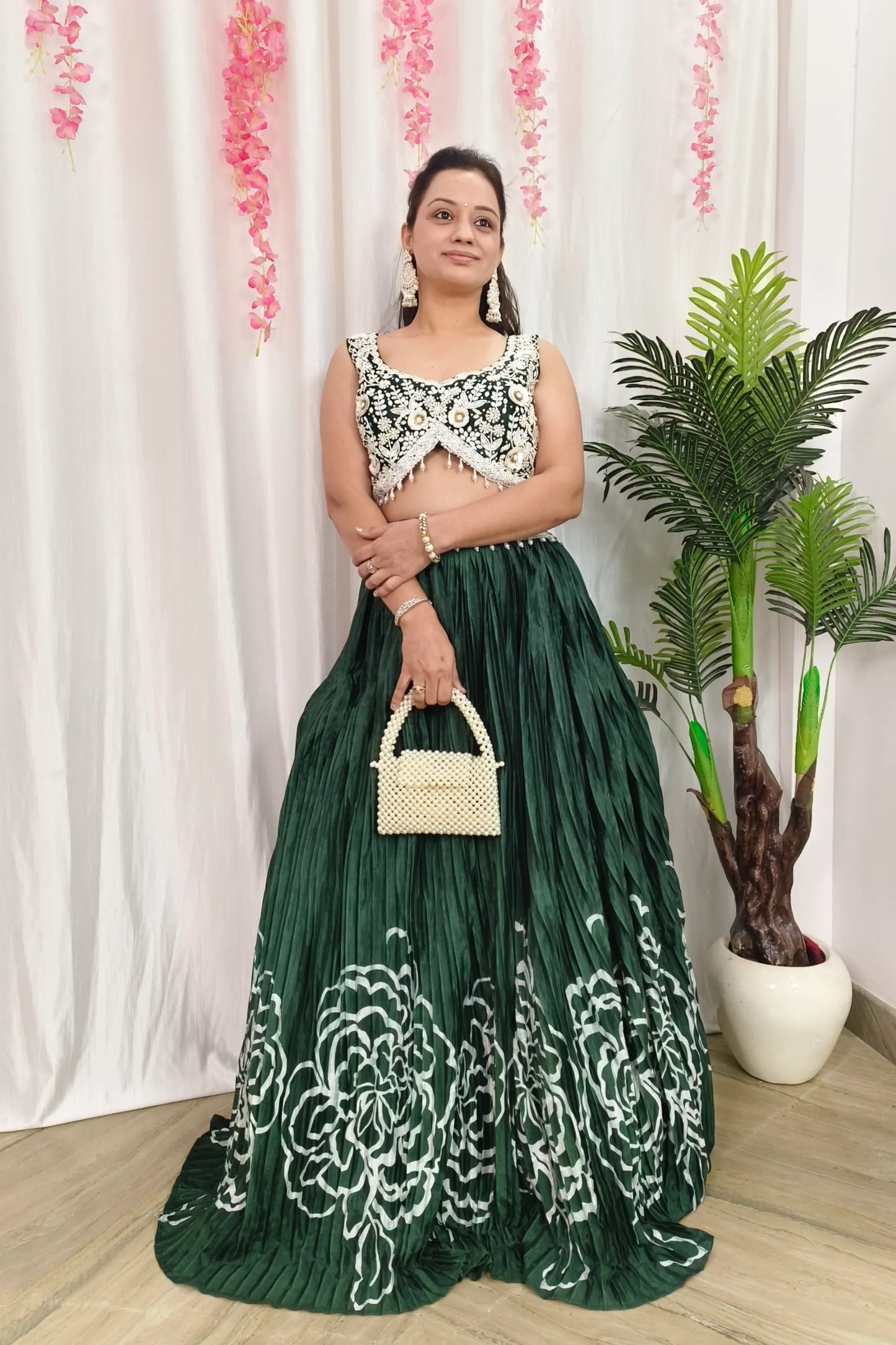 Designer Hand Work lehenga Choli in Chinnon Silk Printed Skirt with Net Duppatta In Green