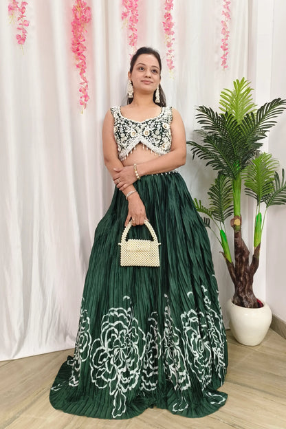 Designer Hand Work lehenga Choli in Chinnon Silk Printed Skirt with Net Duppatta In Green