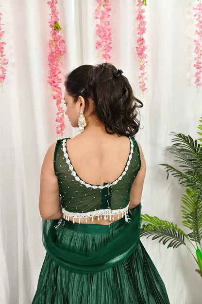 Designer Hand Work lehenga Choli in Chinnon Silk Printed Skirt with Net Duppatta In Green