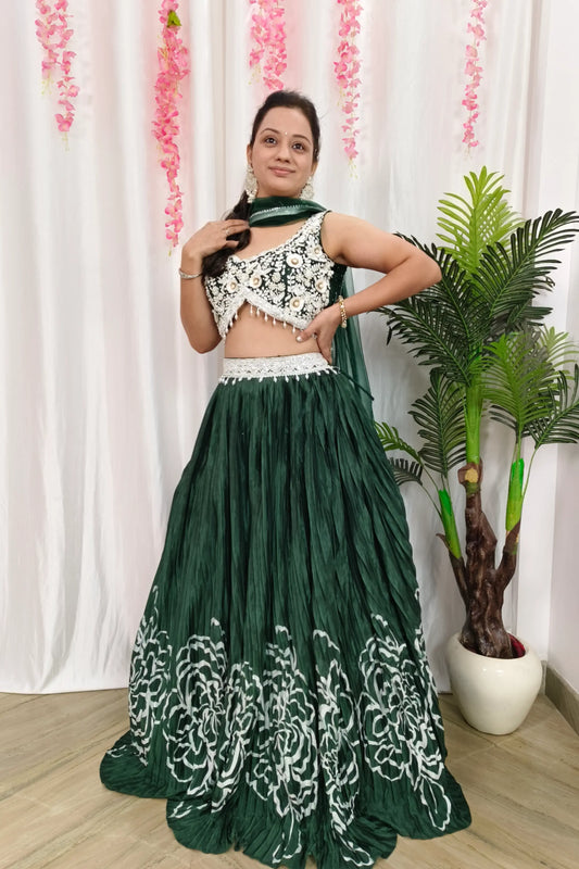 Designer Hand Work lehenga Choli in Chinnon Silk Printed Skirt with Net Duppatta In Green