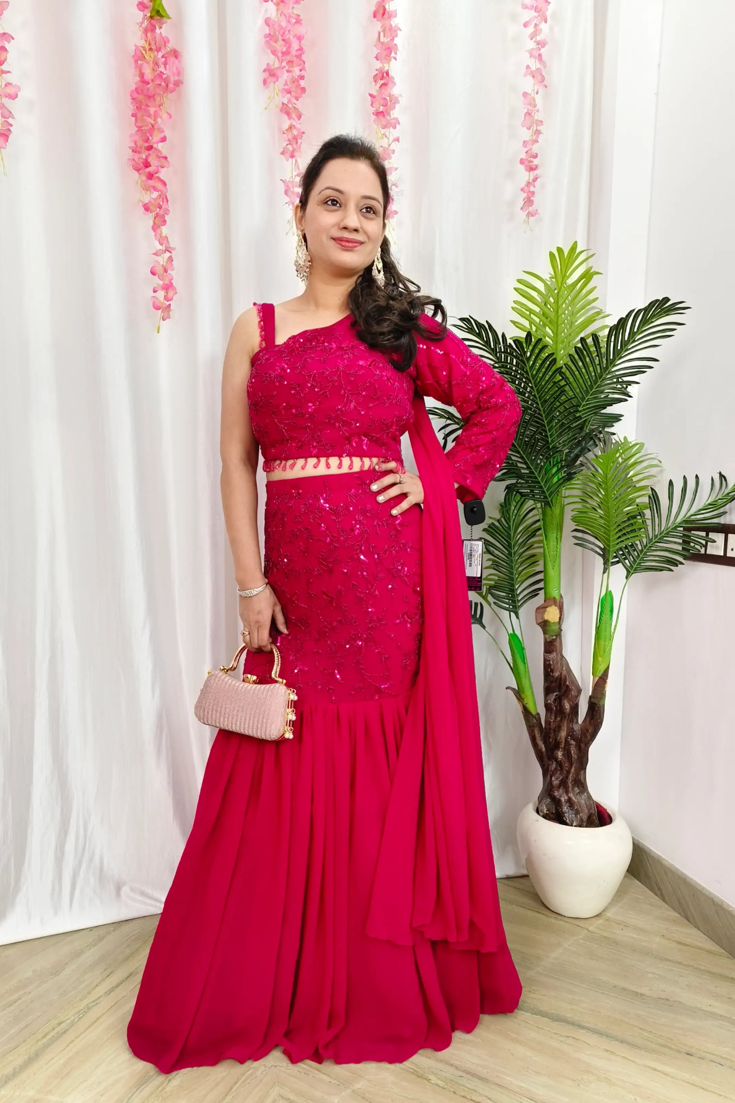 One side Shoulder Indowestern Hand Work Fish Cut lehenga Dress In Hot Pink Colour