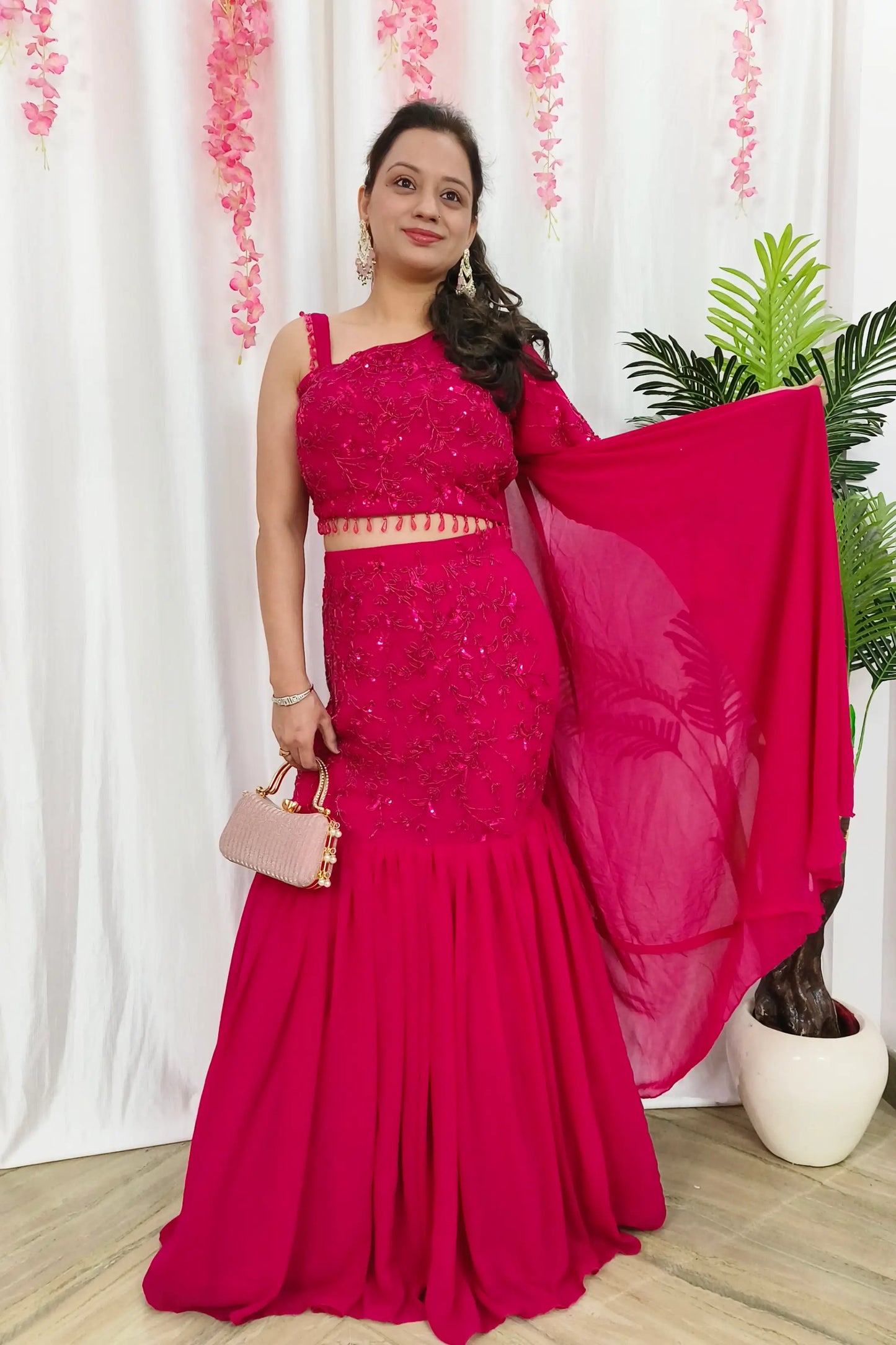 One side Shoulder Indowestern Hand Work Fish Cut lehenga Dress In Hot Pink Colour