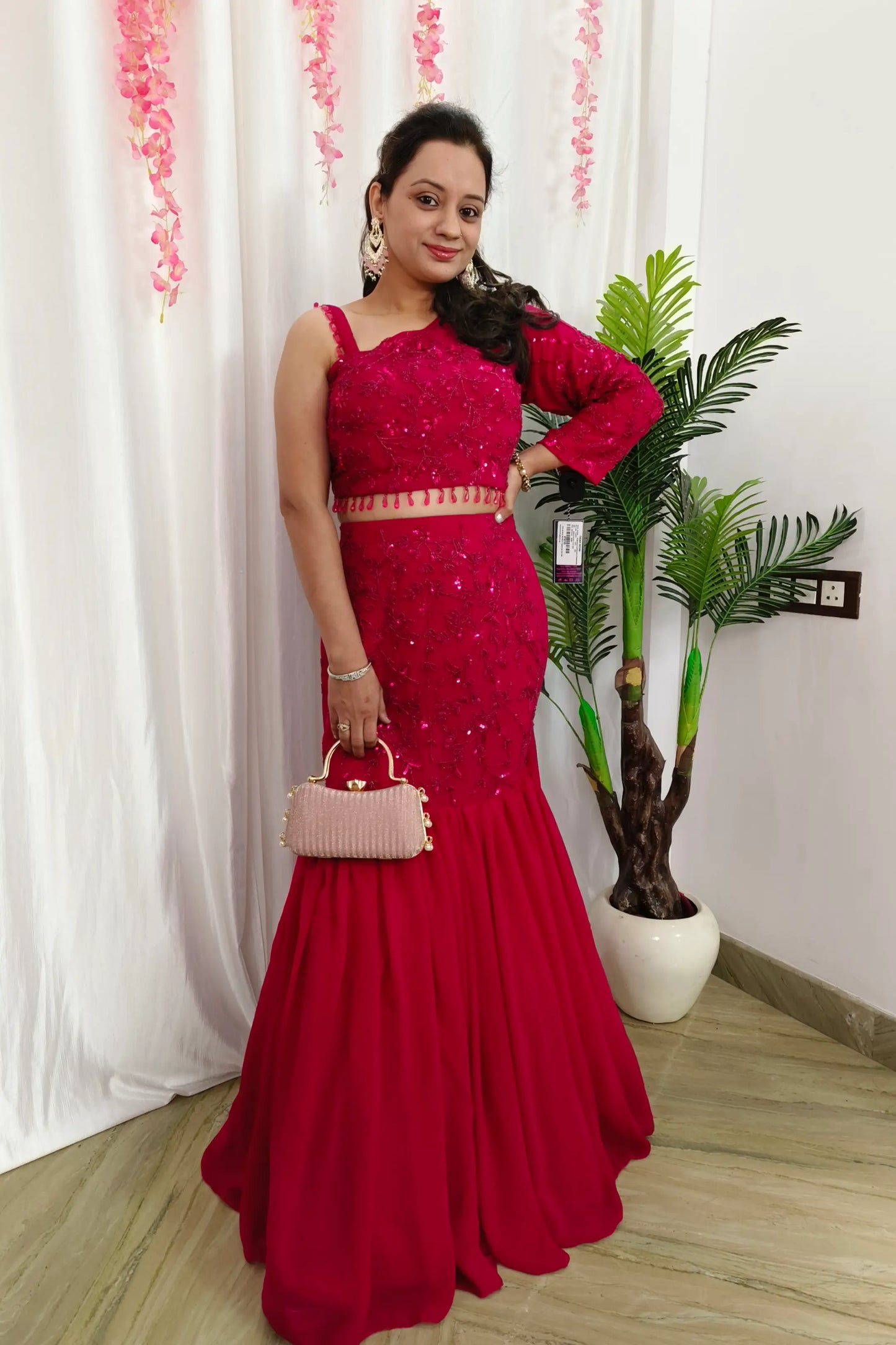 One side Shoulder Indowestern Hand Work Fish Cut lehenga Dress In Hot Pink Colour