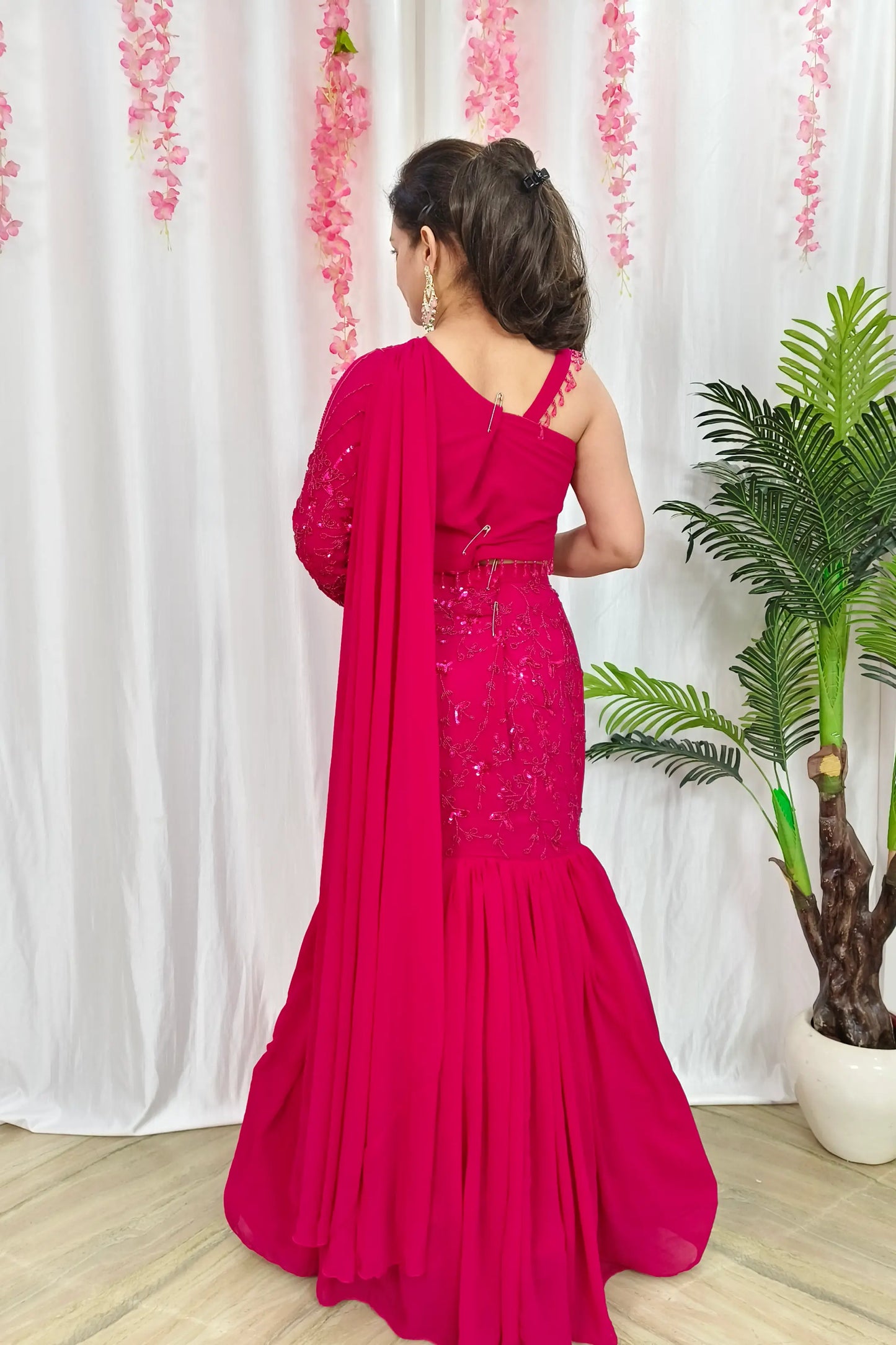 One side Shoulder Indowestern Hand Work Fish Cut lehenga Dress In Hot Pink Colour