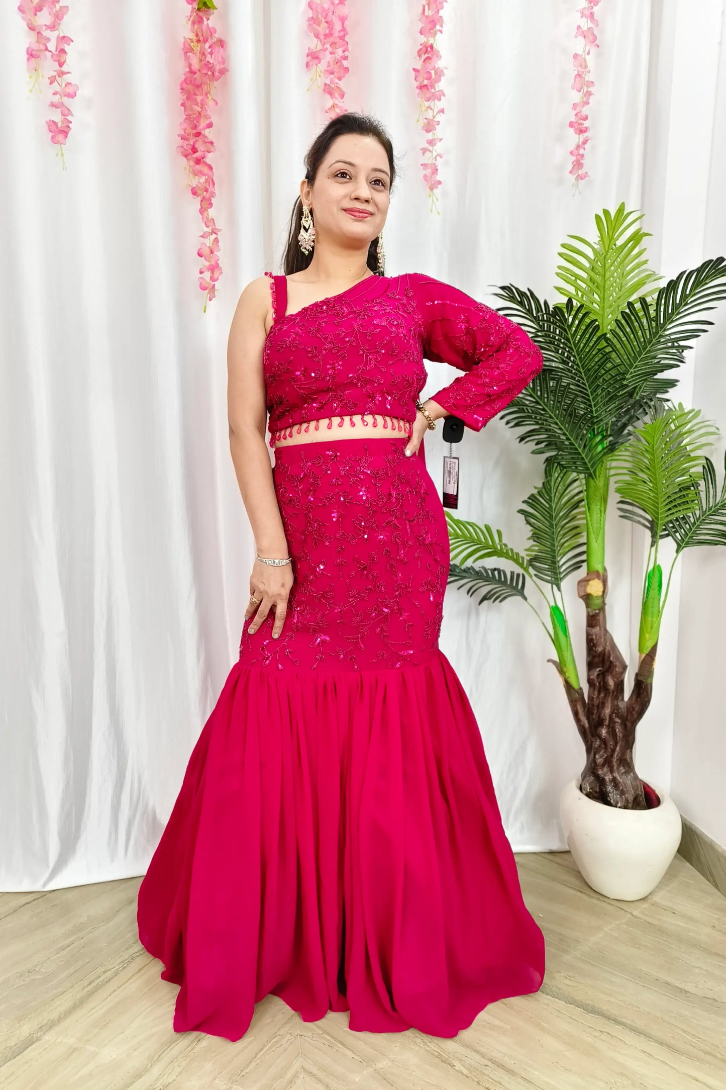 One side Shoulder Indowestern Hand Work Fish Cut lehenga Dress In Hot Pink Colour